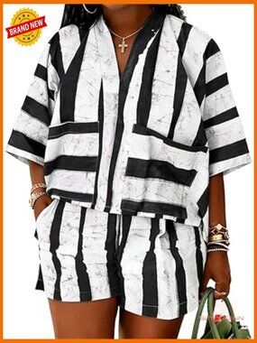 Oversized 2 Piece Lounge Set with Shorts and Top, V Neck, Pockets